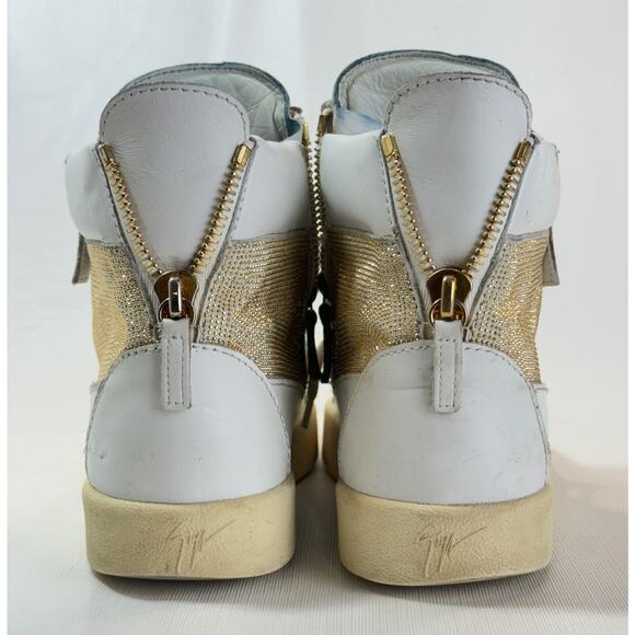 Giusseppi Zanotti Hightop Sneakers Womens 40 10 White Leather Gold Studded Boot - Picture 9 of 16
